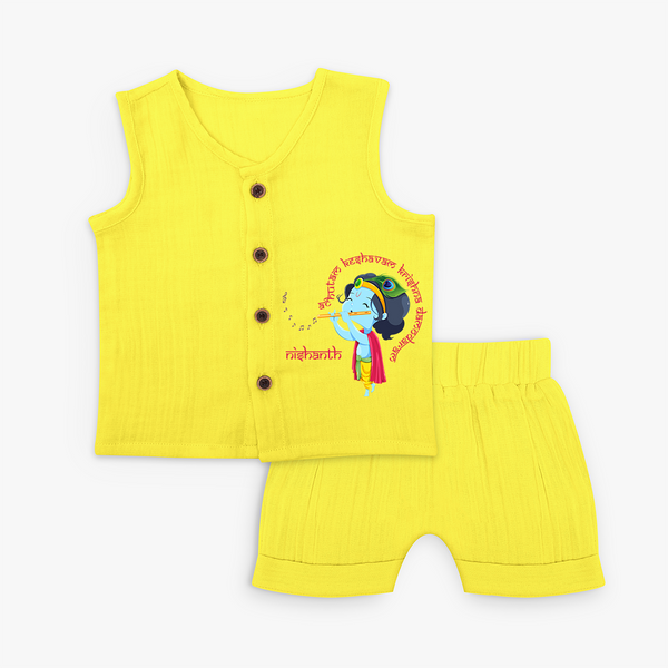 Flute-Playing Krishna Customised Jabla set for kids - YELLOW - 0 - 3 Months Old (Chest 9.8")