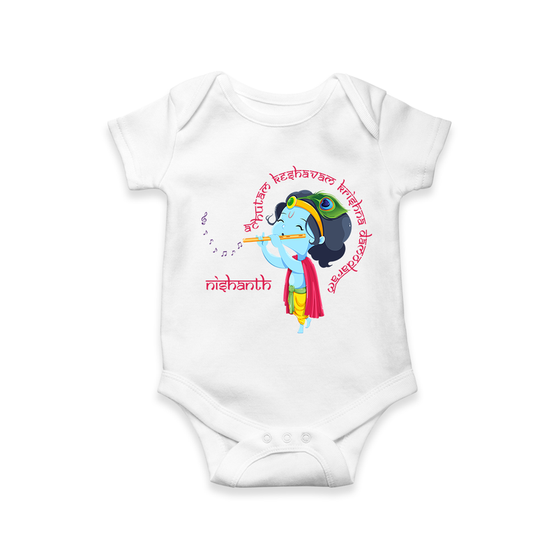 Flute-Playing Krishna Customized Romper set for kids - WHITE - 0 - 3 Months Old (Chest 16")