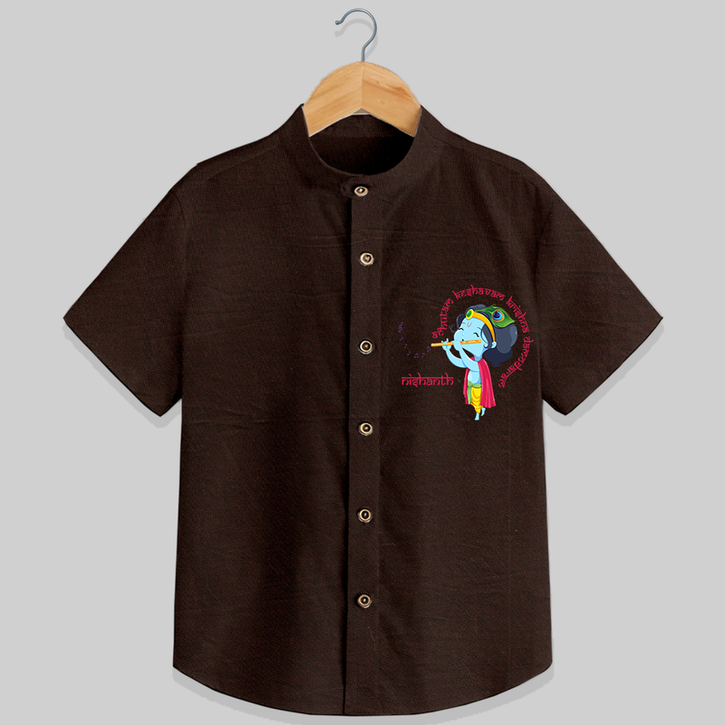Flute-Playing Krishna Customised Shirt for kids - CHOCOLATE BROWN - 0 - 6 Months Old (Chest 23")