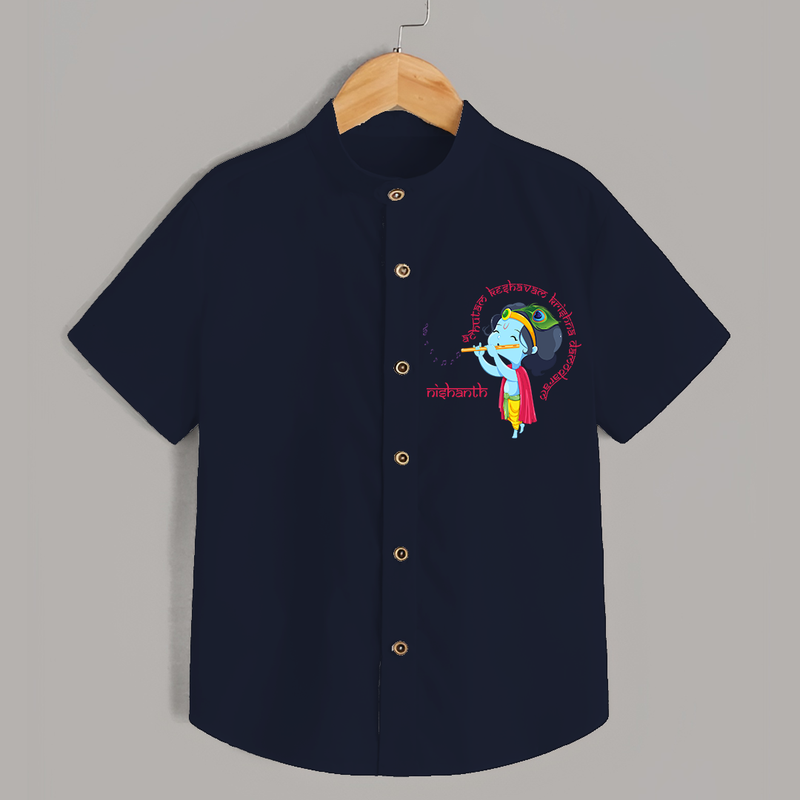 Flute-Playing Krishna Customised Shirt for kids - NAVY BLUE - 0 - 6 Months Old (Chest 23")