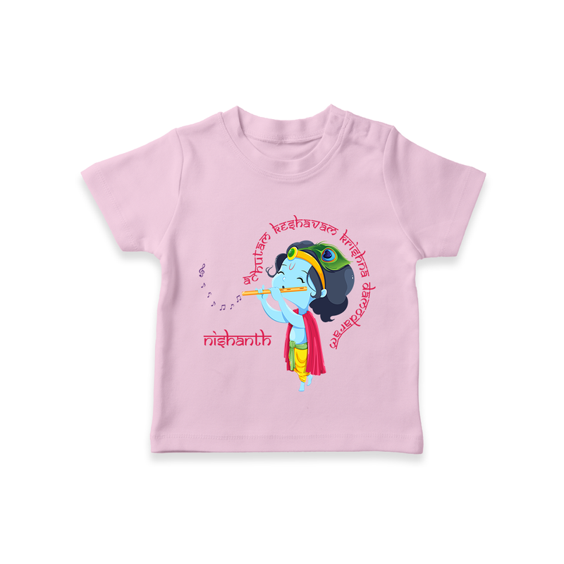 Flute-Playing Krishna Customised TShirt set for kids - BABY PINK - 0-5 Months Old (Chest 17")