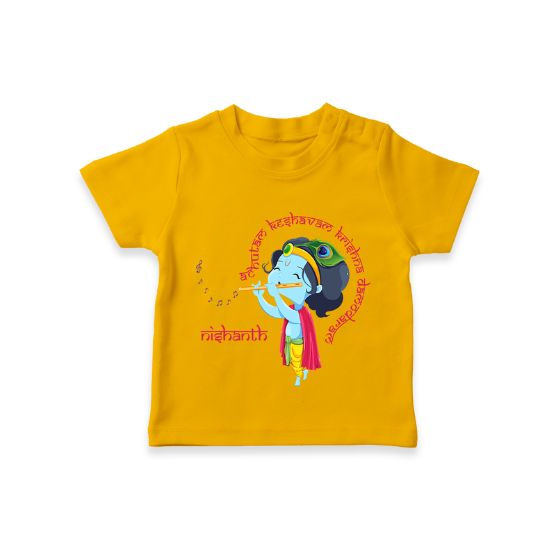 Flute-Playing Krishna Customised TShirt set for kids - CHROME YELLOW - 0-5 Months Old (Chest 17")