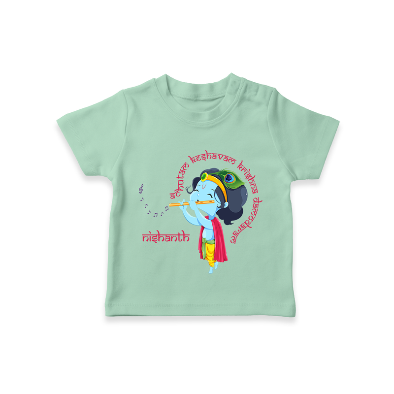 Flute-Playing Krishna Customised TShirt set for kids - MINT GREEN - 0-5 Months Old (Chest 17")