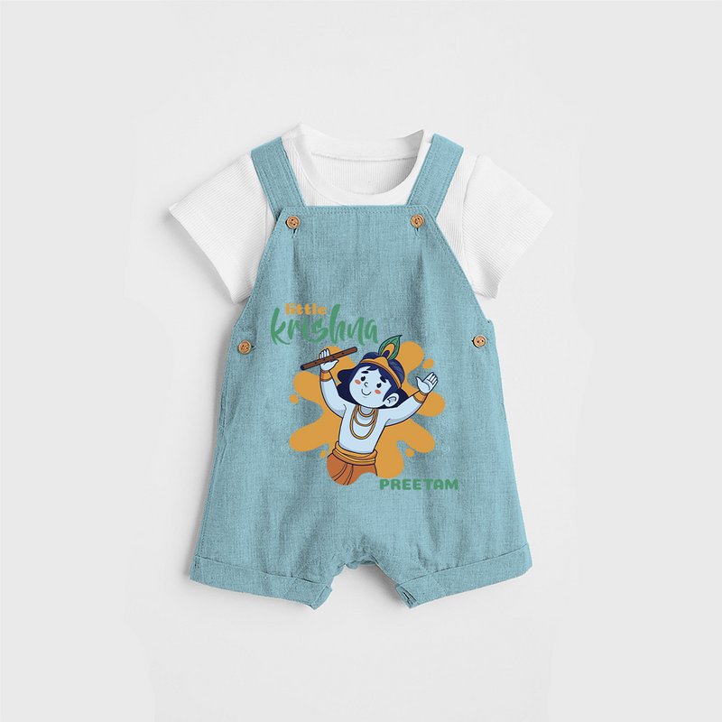 Cute Little Krishna Customised Dungaree set for kids - ARCTIC BLUE - 0 - 5 Months Old (Chest 18")