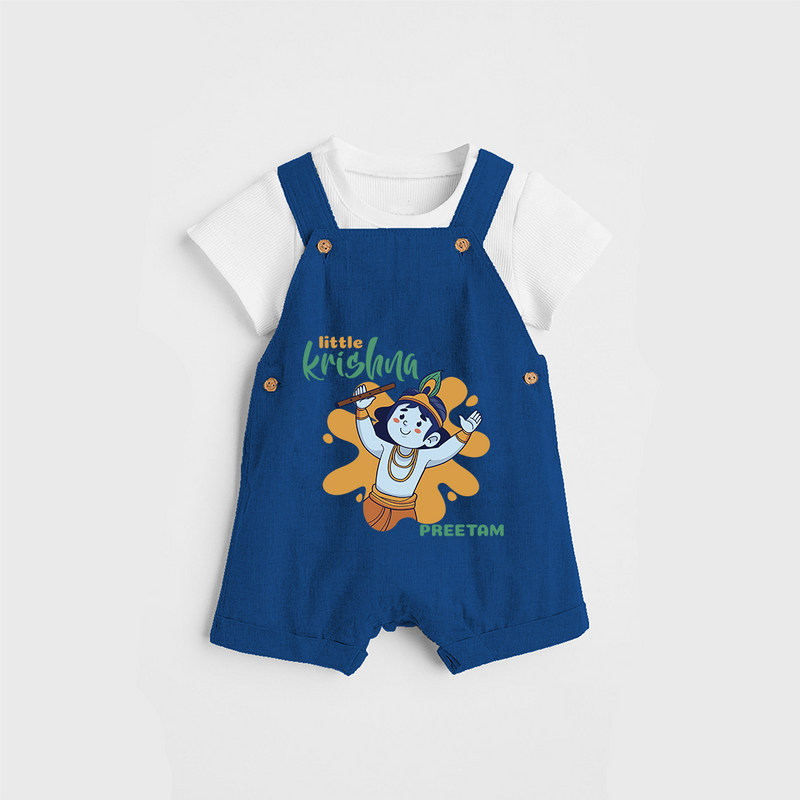 Cute Little Krishna Customised Dungaree set for kids - COBALT BLUE - 0 - 5 Months Old (Chest 18")