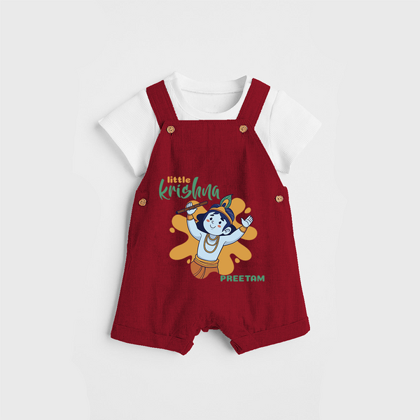 Cute Little Krishna Customised Dungaree set for kids - RED - 0 - 5 Months Old (Chest 18")