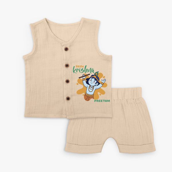 Cute Little Krishna Customised Jabla set for kids - CREAM - 0 - 3 Months Old (Chest 9.8")