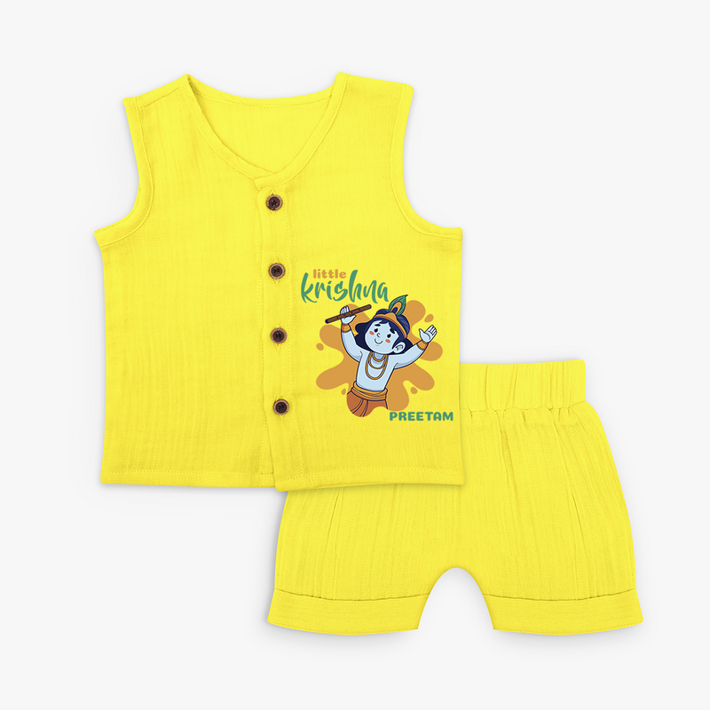 Cute Little Krishna Customised Jabla set for kids - YELLOW - 0 - 3 Months Old (Chest 9.8")