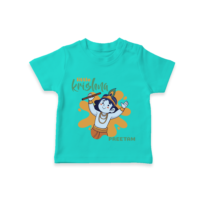 Cute Little Krishna Customised TShirt set for kids - TEAL - 0-5 Months Old (Chest 17")