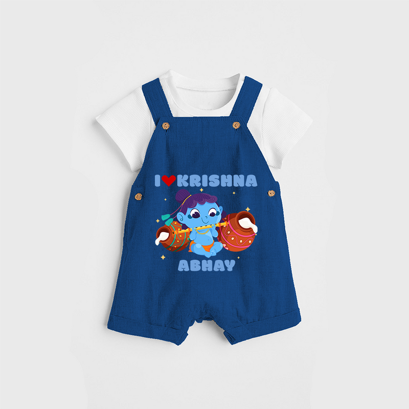 I Love Krishna Customised Dungaree set for kids - COBALT BLUE - 0 - 5 Months Old (Chest 18")