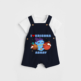 I Love Krishna Customised Dungaree set for kids - NAVY BLUE - 0 - 5 Months Old (Chest 18")