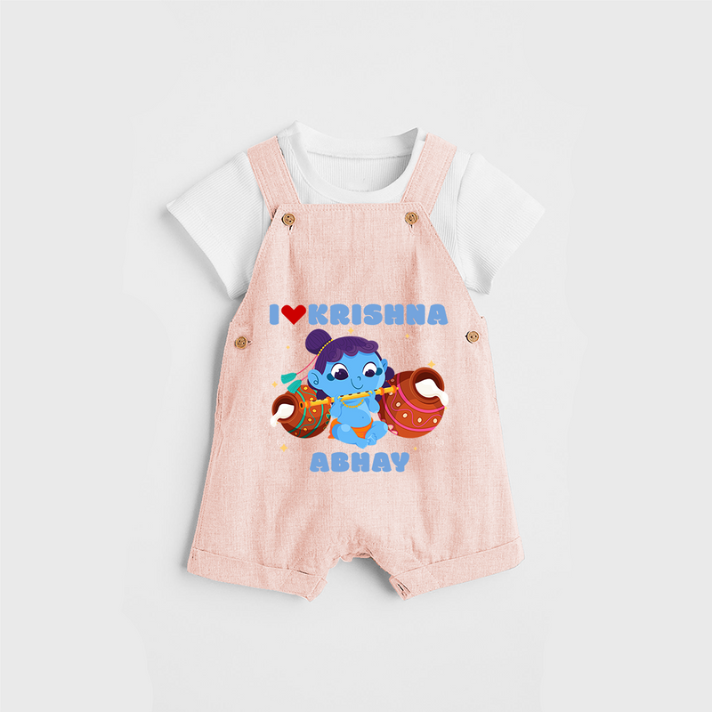 I Love Krishna Customised Dungaree set for kids - PEACH - 0 - 5 Months Old (Chest 18")