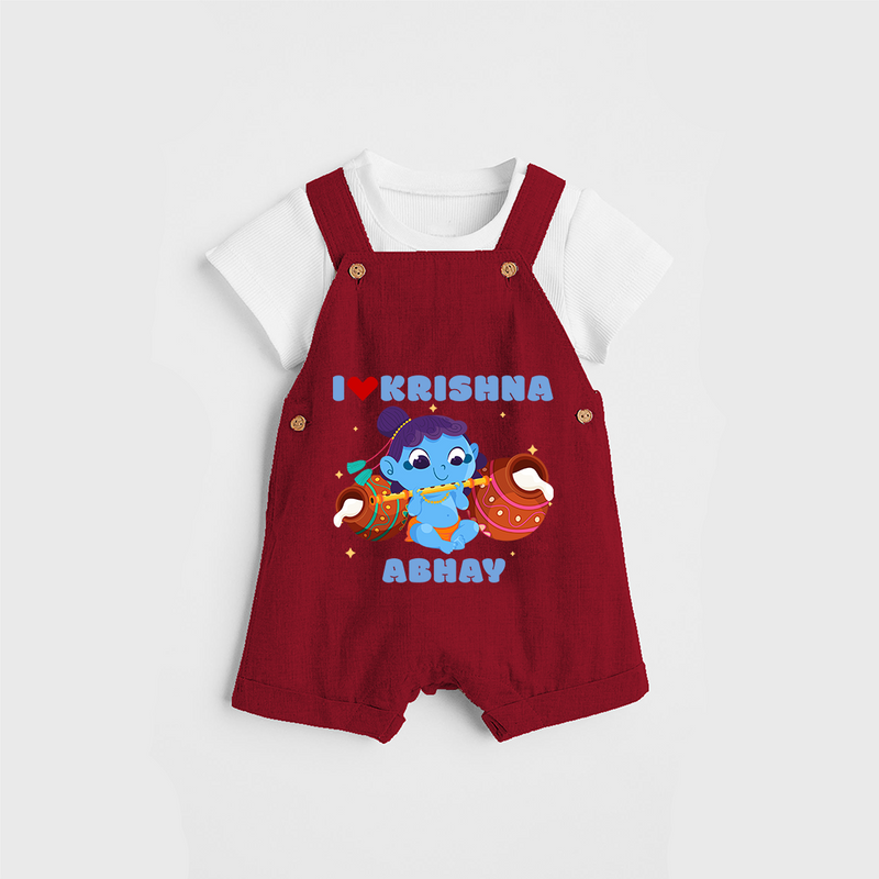 I Love Krishna Customised Dungaree set for kids - RED - 0 - 5 Months Old (Chest 18")