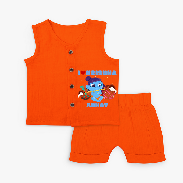 I Love Krishna Customised Jabla set for kids - TANGERINE - 0 - 3 Months Old (Chest 9.8")