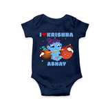 I Love Krishna Customized Romper set for kids - NAVY BLUE - 0 - 3 Months Old (Chest 16")