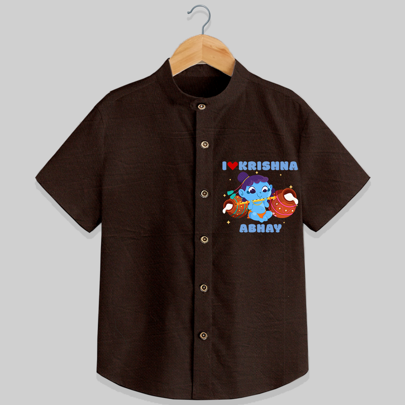I Love Krishna Customised Shirt for kids - CHOCOLATE BROWN - 0 - 6 Months Old (Chest 23")