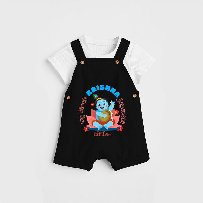 My First Krishna Jayanthi Customised Dungaree set for kids - BLACK - 0 - 5 Months Old (Chest 18")