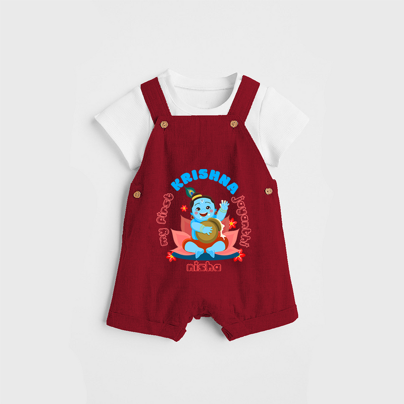 My First Krishna Jayanthi Customised Dungaree set for kids - RED - 0 - 5 Months Old (Chest 18")