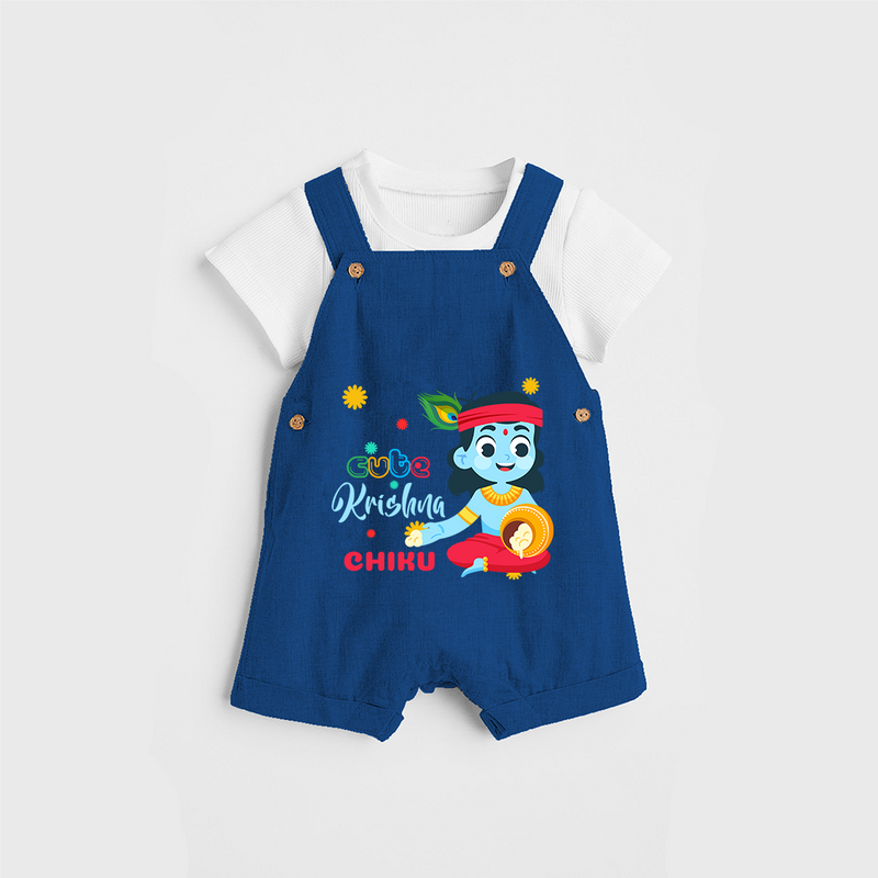 Cute Krishna Customised Dungaree set for kids - COBALT BLUE - 0 - 5 Months Old (Chest 18")