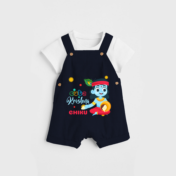 Cute Krishna Customised Dungaree set for kids - NAVY BLUE - 0 - 5 Months Old (Chest 18")