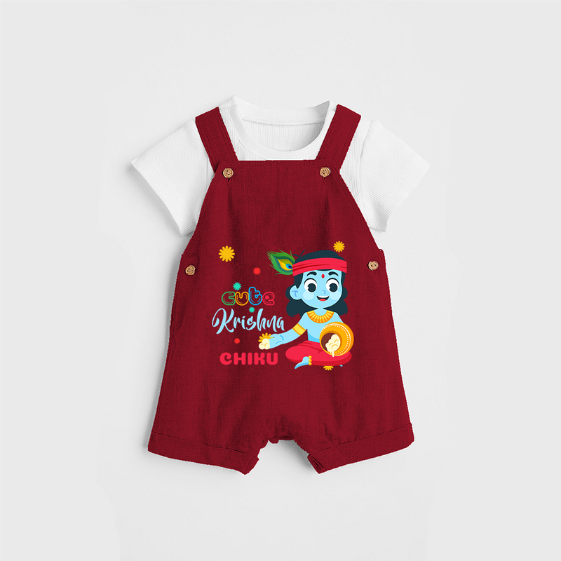 Cute Krishna Customised Dungaree set for kids - RED - 0 - 5 Months Old (Chest 18")