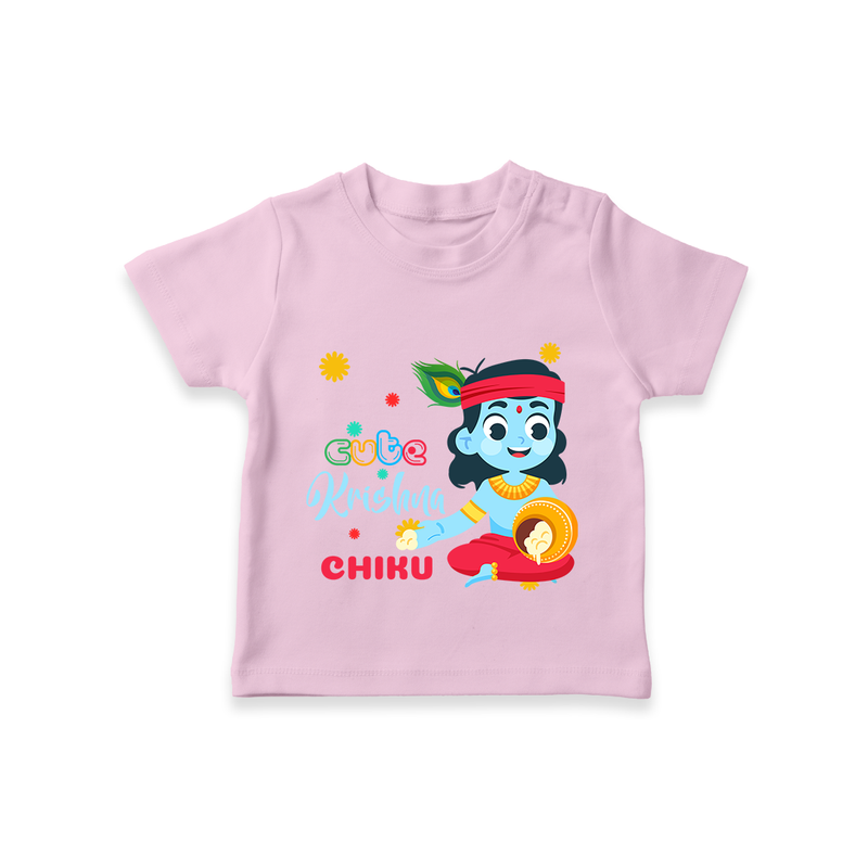 Cute Krishna Customised TShirt set for kids - BABY PINK - 0-5 Months Old (Chest 17")