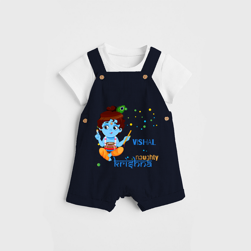 Naughty Krishna Customised Dungaree set for kids - NAVY BLUE - 0 - 5 Months Old (Chest 18")