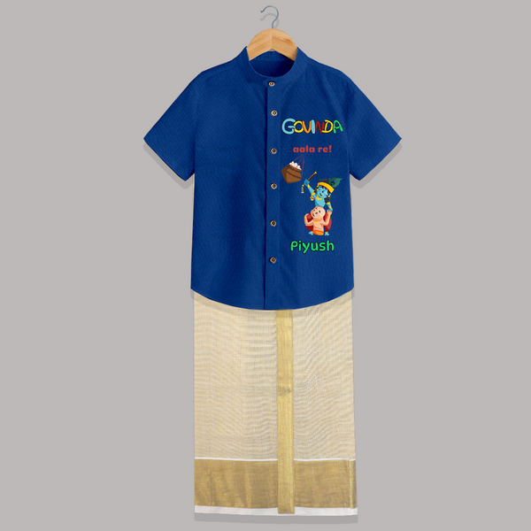 Govinda Aala re! - Customised Shirt And Dhoti for kids - COBALT BLUE - 0 - 6 Months Old (Chest-23") (Dhoti length-14")