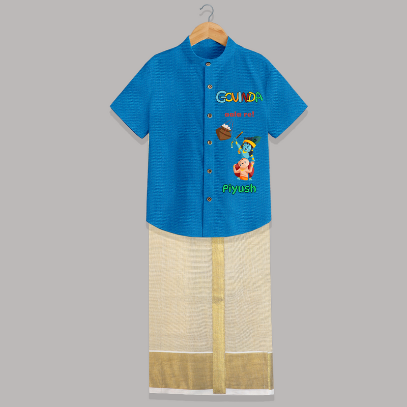 Govinda Aala re! - Customised Shirt And Dhoti for kids - ROYAL BLUE - 0 - 6 Months Old (Chest-23") (Dhoti length-14")