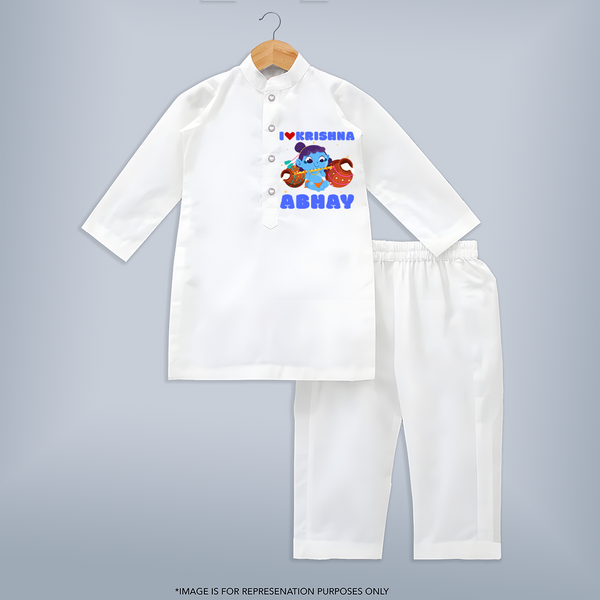 I love Krishna - Customised Kurta for kids - WHITE - 3-6 Month Old (Chest 24", Kurta Length 14" , Waist 19", Pant Length 14")