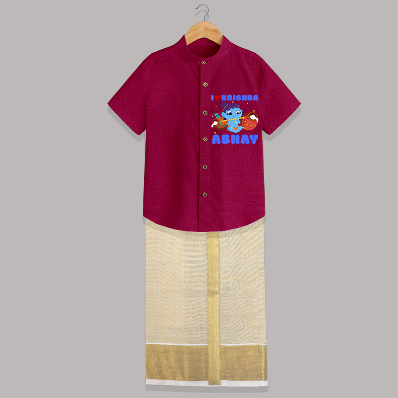 I love Krishna - Customised Shirt And Dhoti for kids - PINK - 0 - 6 Months Old (Chest-23") (Dhoti length-14")