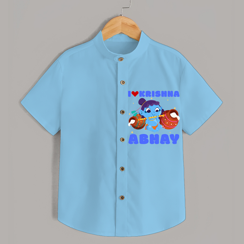 I love Krishna - Customised Shirt for kids - SKY BLUE - 0 - 6 Months Old (Chest 23")