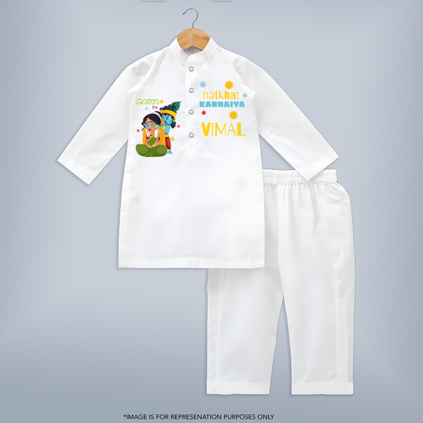 Naughty Cute Little Krishna - Customised Kurta for kids - WHITE - 3-6 Month Old (Chest 24", Kurta Length 14" , Waist 19", Pant Length 14")