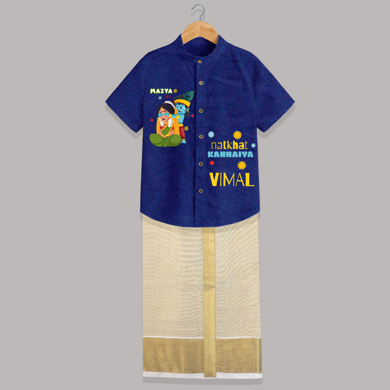 Naughty Cute Little Krishna - Customised Shirt And Dhoti for kids - MIDNIGHT BLUE - 0 - 6 Months Old (Chest-23") (Dhoti length-14")