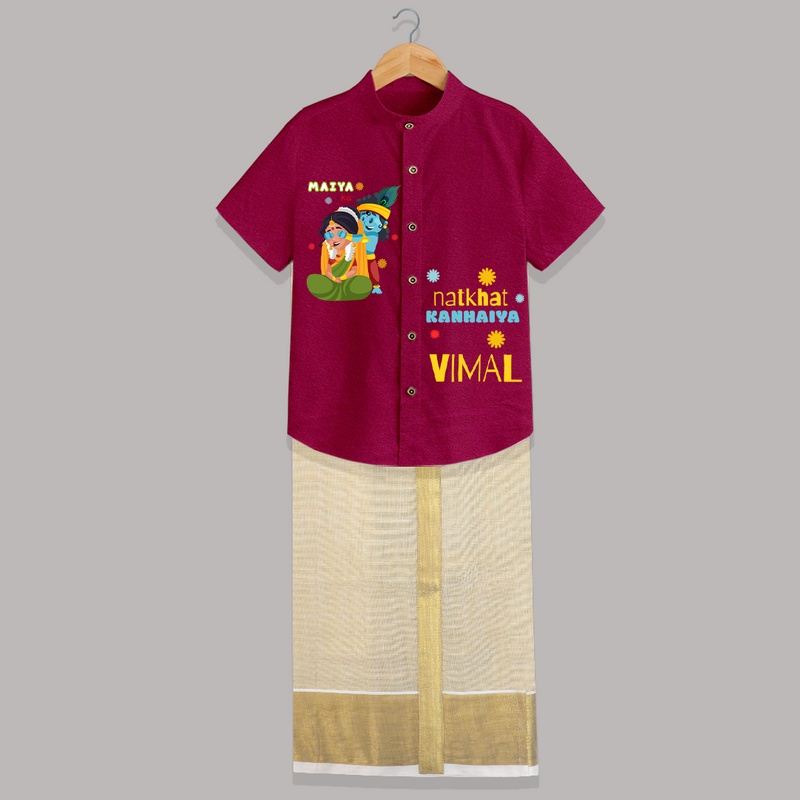 Naughty Cute Little Krishna - Customised Shirt And Dhoti for kids - PINK - 0 - 6 Months Old (Chest-23") (Dhoti length-14")