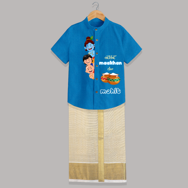 Natkhat Maakhan Chor - Customised Shirt And Dhoti for kids - ROYAL BLUE - 0 - 6 Months Old (Chest-23") (Dhoti length-14")