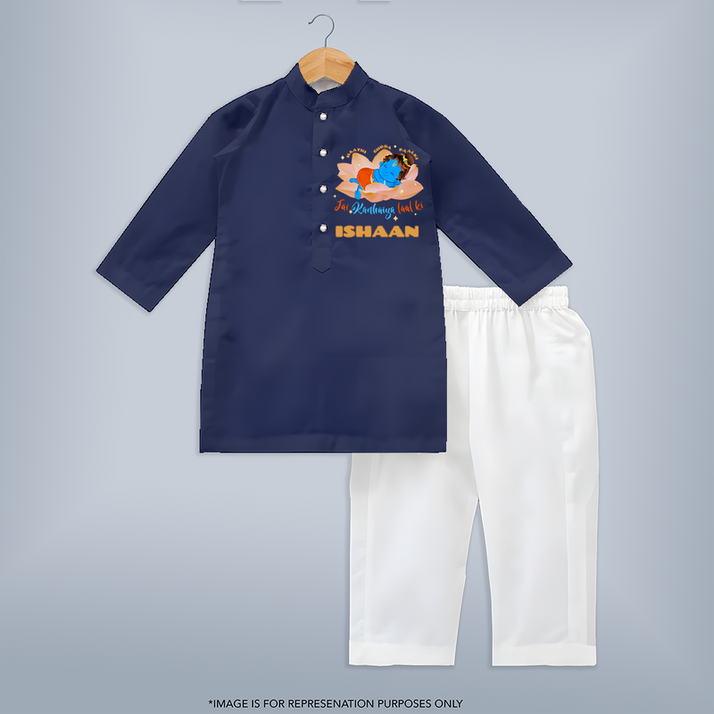 Little Krishna Sleeping In Lotus - Customised Kurta for kids - NAVY BLUE - 3-6 Month Old (Chest 24", Kurta Length 14" , Waist 19", Pant Length 14")