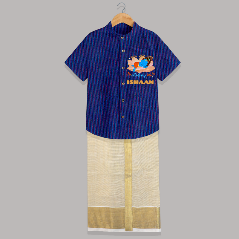 Little Krishna Sleeping In Lotus - Customised Shirt And Dhoti for kids - MIDNIGHT BLUE - 0 - 6 Months Old (Chest-23") (Dhoti length-14")