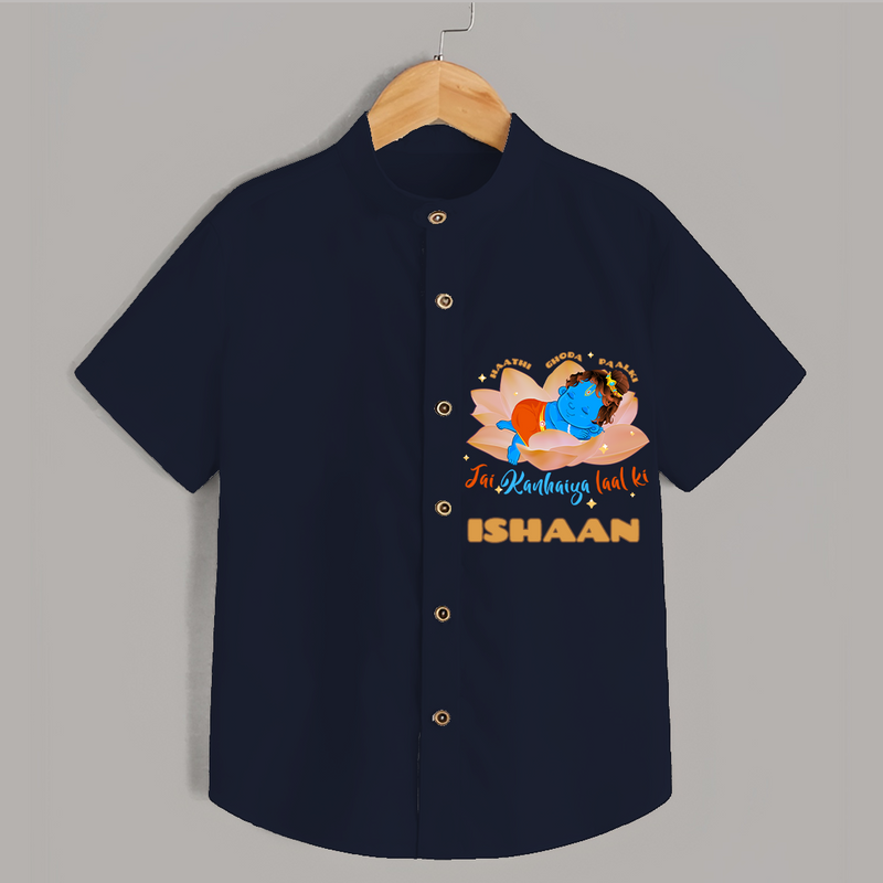 Little Krishna Sleeping In Lotus - Customised Shirt for kids - NAVY BLUE - 0 - 6 Months Old (Chest 23")