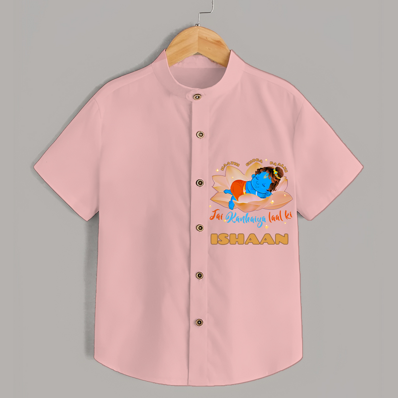 Little Krishna Sleeping In Lotus - Customised Shirt for kids - PEACH - 0 - 6 Months Old (Chest 23")