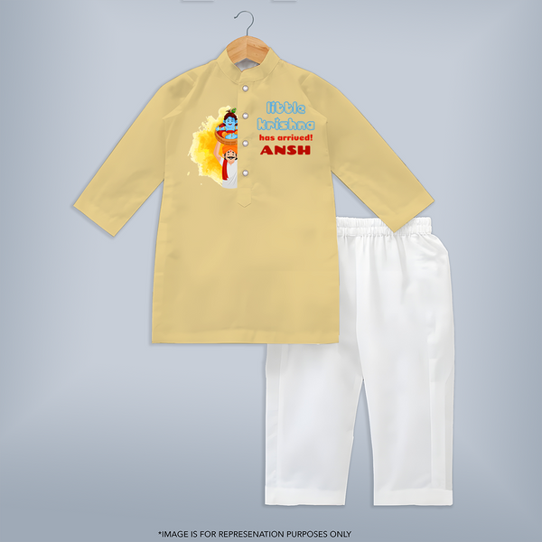 Little Krishna Has Arrived! - Customised Kurta for kids - YELLOW - 3-6 Month Old (Chest 24", Kurta Length 14" , Waist 19", Pant Length 14")