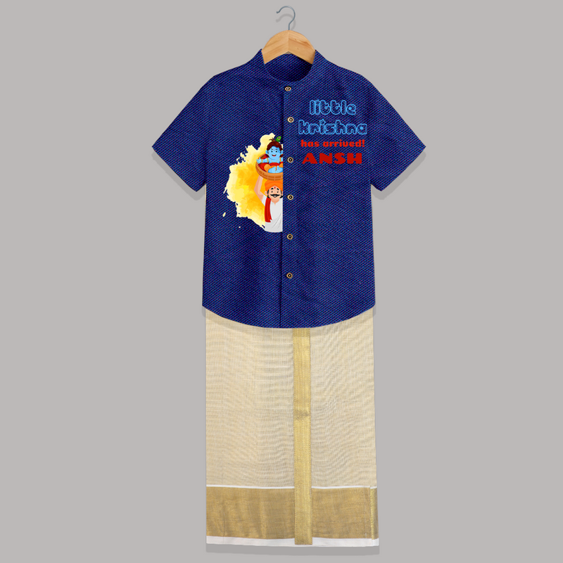 Little Krishna Has Arrived! - Customised Shirt And Dhoti for kids - MIDNIGHT BLUE - 0 - 6 Months Old (Chest-23") (Dhoti length-14")