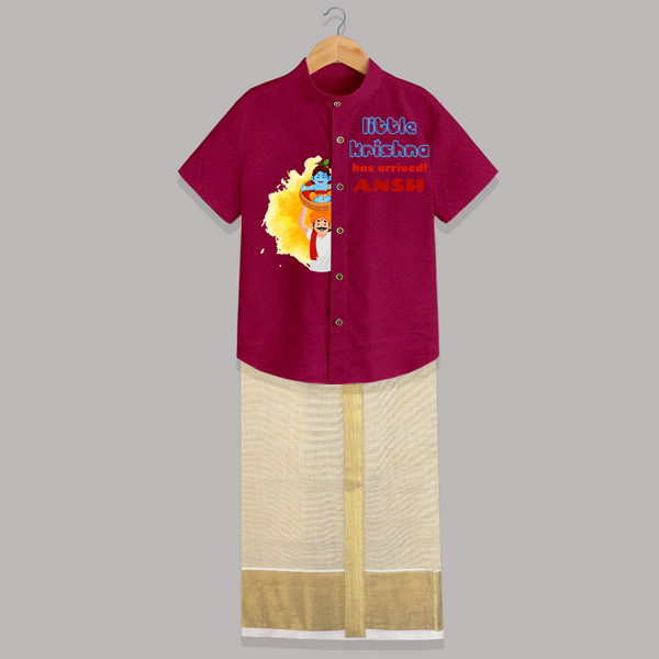 Little Krishna Has Arrived! - Customised Shirt And Dhoti for kids - PINK - 0 - 6 Months Old (Chest-23") (Dhoti length-14")