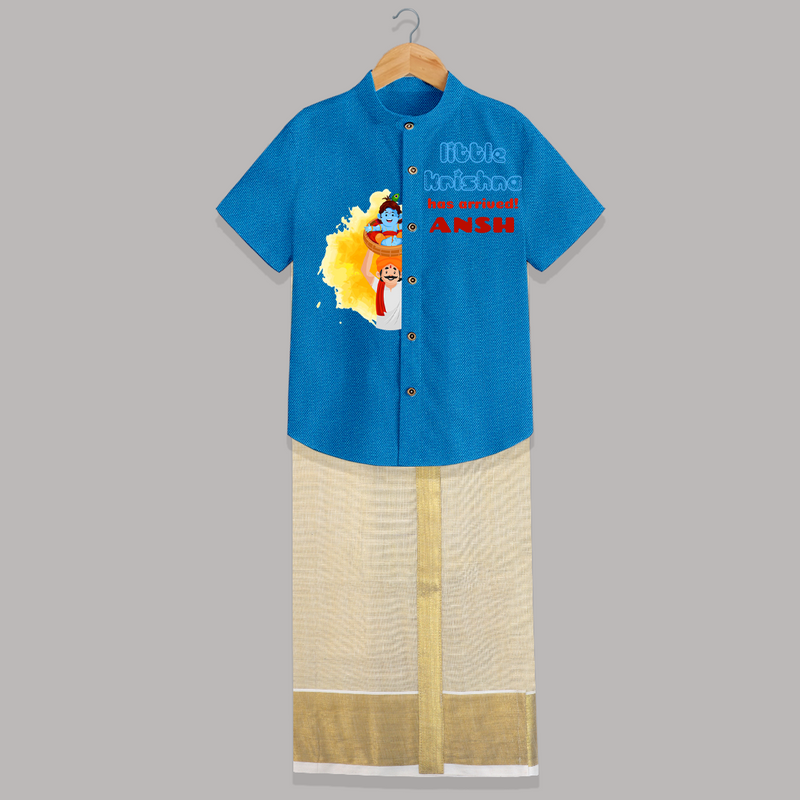 Little Krishna Has Arrived! - Customised Shirt And Dhoti for kids - ROYAL BLUE - 0 - 6 Months Old (Chest-23") (Dhoti length-14")