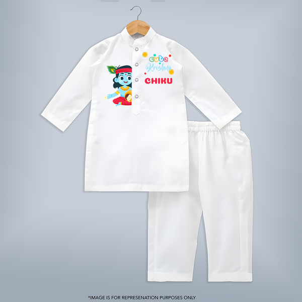 Cute Krishna Customised Kurta for kids - WHITE - 3-6 Month Old (Chest 24", Kurta Length 14" , Waist 19", Pant Length 14")