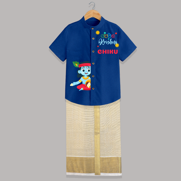 Cute Krishna Customised Shirt And Dhoti for kids - COBALT BLUE - 0 - 6 Months Old (Chest-23") (Dhoti length-14")