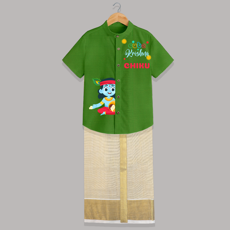 Cute Krishna Customised Shirt And Dhoti for kids - COPPER GREEN - 0 - 6 Months Old (Chest-23") (Dhoti length-14")