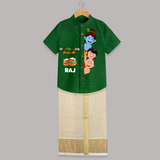 Butter Thief Little Krishna With Friends - Customised Shirt And Dhoti for kids - LIGHT GREEN - 0 - 6 Months Old (Chest-23") (Dhoti length-14")