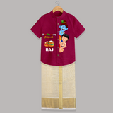 Butter Thief Little Krishna With Friends - Customised Shirt And Dhoti for kids - PINK - 0 - 6 Months Old (Chest-23") (Dhoti length-14")