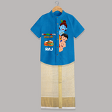 Butter Thief Little Krishna With Friends - Customised Shirt And Dhoti for kids - ROYAL BLUE - 0 - 6 Months Old (Chest-23") (Dhoti length-14")